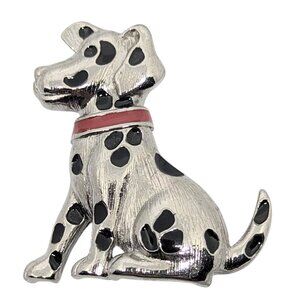 Vintage Silver Dalmatian Dog Brooch Pin Textured Enamel Detailed Collectible